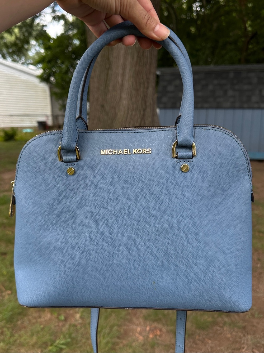 Michael Kors Light Corn Flower Blue Saffiano Dome Satchel Leather Purse